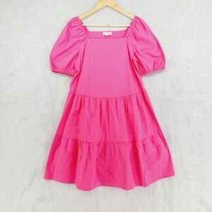 New Loft Puffed  Short Sleeve Tiered Hot Pink Cotton Blend Dress P6455
